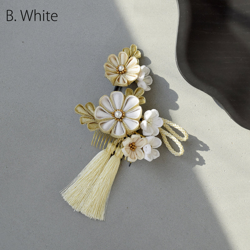 【髪飾り 梅日和 つまみ細工＆タッセル コームUピン3点セット】花 ちりめん つまみ細工 ヘアアクセ  ヘアアクセサリー  日本製 成人式振袖や卒業式袴にも（5432639201）【取り寄せ品】