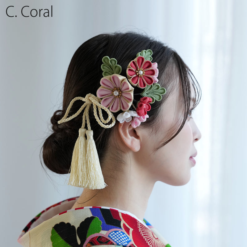 【髪飾り 梅日和 つまみ細工＆タッセル コームUピン3点セット】花 ちりめん つまみ細工 ヘアアクセ  ヘアアクセサリー  日本製 成人式振袖や卒業式袴にも（5432639201）【取り寄せ品】