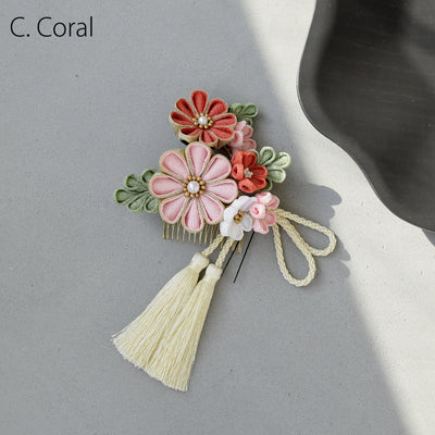 【髪飾り 梅日和 つまみ細工＆タッセル コームUピン3点セット】花 ちりめん つまみ細工 ヘアアクセ  ヘアアクセサリー  日本製 成人式振袖や卒業式袴にも（5432639201）【取り寄せ品】