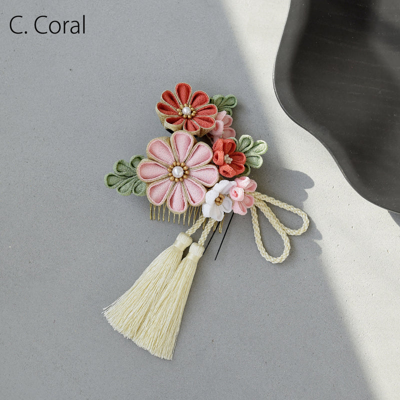 【髪飾り 梅日和 つまみ細工＆タッセル コームUピン3点セット】花 ちりめん つまみ細工 ヘアアクセ  ヘアアクセサリー  日本製 成人式振袖や卒業式袴にも（5432639201）【取り寄せ品】