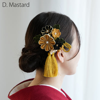 【髪飾り 梅日和 つまみ細工＆タッセル コームUピン3点セット】花 ちりめん つまみ細工 ヘアアクセ  ヘアアクセサリー  日本製 成人式振袖や卒業式袴にも（5432639201）【取り寄せ品】