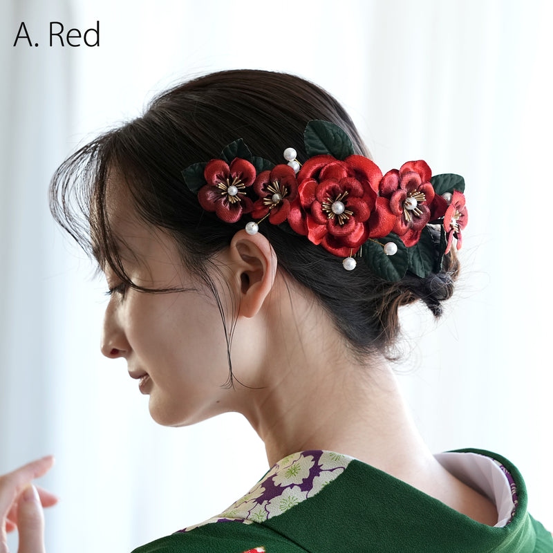 【髪飾り ベルベットローズ コームUピン2点セット】 花 薔薇 ベロア調 パール ヘアアクセサリー  日本製 成人式振袖や卒業式袴にも（5432639801）【取り寄せ品】