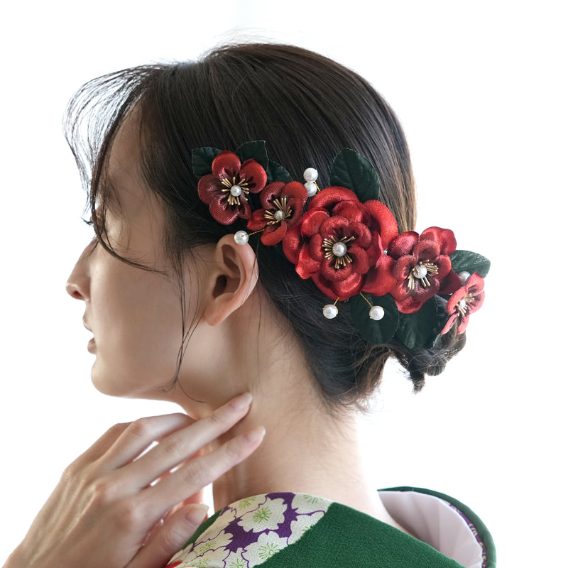 【髪飾り ベルベットローズ コームUピン2点セット】 花 薔薇 ベロア調 パール ヘアアクセサリー  日本製 成人式振袖や卒業式袴にも（5432639801）【取り寄せ品】