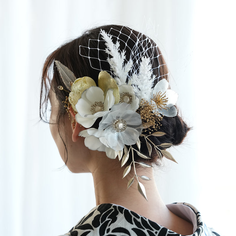 【髪飾り ラメパールアネモネ コームUピン12点セット】 アメリカンフラワー ドライフラワー ヘアアクセサリー  日本製 成人式振袖や卒業式袴にも（5432640201）【取り寄せ品】