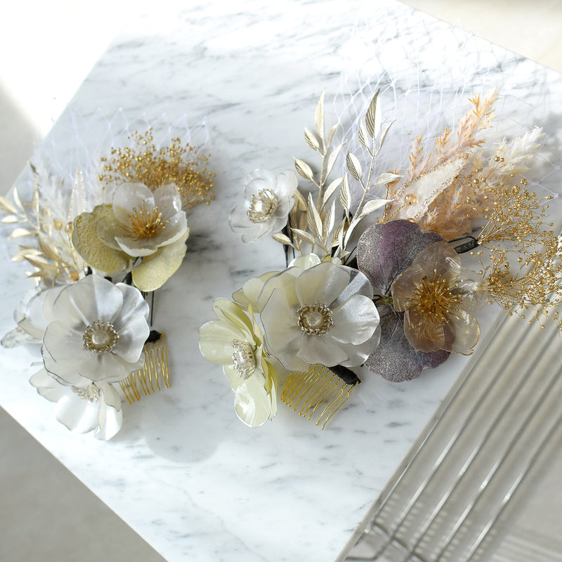 【髪飾り ラメパールアネモネ コームUピン12点セット】 アメリカンフラワー ドライフラワー ヘアアクセサリー  日本製 成人式振袖や卒業式袴にも（5432640201）【取り寄せ品】