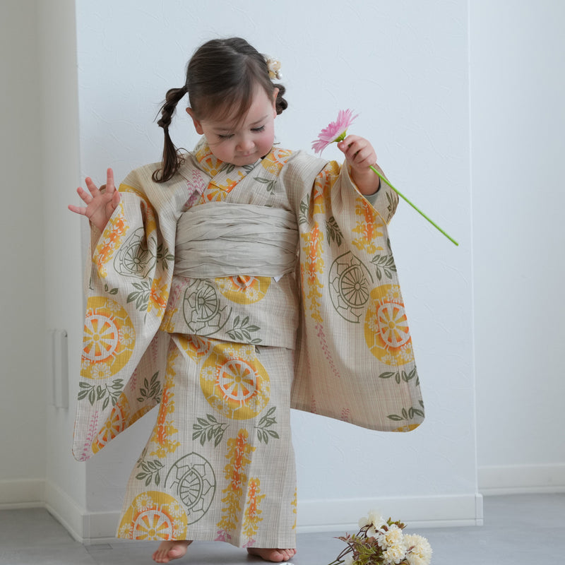 【utatane×注染工房 kids 日本製小幅生地使用 子供浴衣3点セット（ゆかた・帯・下駄） 女の子 】 国産 （6510191401）（7348602101）