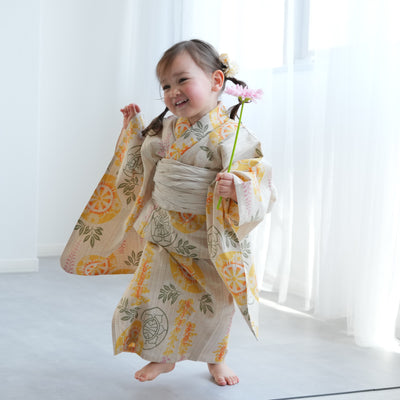 【utatane×注染工房 kids 日本製小幅生地使用 子供浴衣3点セット（ゆかた・帯・下駄） 女の子 】 国産 （6510191401）（7348602101）