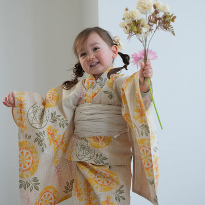 【utatane×注染工房 kids 日本製小幅生地使用 子供浴衣3点セット（ゆかた・帯・下駄） 女の子 】 国産 （6510191401）（7348602101）