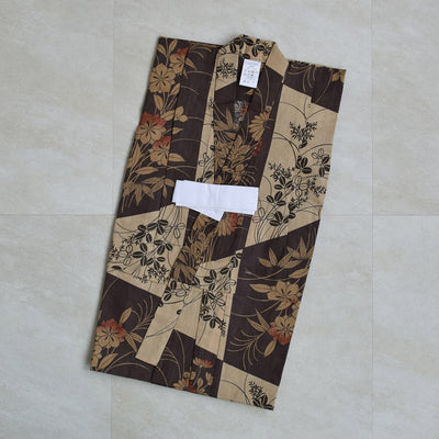 【ニコアンティーク kids 高級変わり織 子供浴衣3点セット（ゆかた・帯・下駄）女の子 珈琲色の変わり市松と小菊】 国産生地 国内染色 （6510239601）