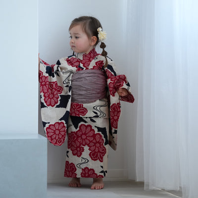 【utatane×注染工房 kids 日本製小幅生地使用 子供浴衣3点セット（ゆかた・帯・下駄） 女の子 】 国産 （6510263401）（03-14-07-）