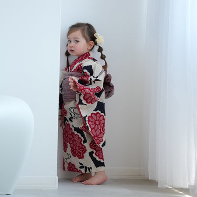 【utatane×注染工房 kids 日本製小幅生地使用 子供浴衣3点セット（ゆかた・帯・下駄） 女の子 】 国産 （6510263401）（03-14-07-）