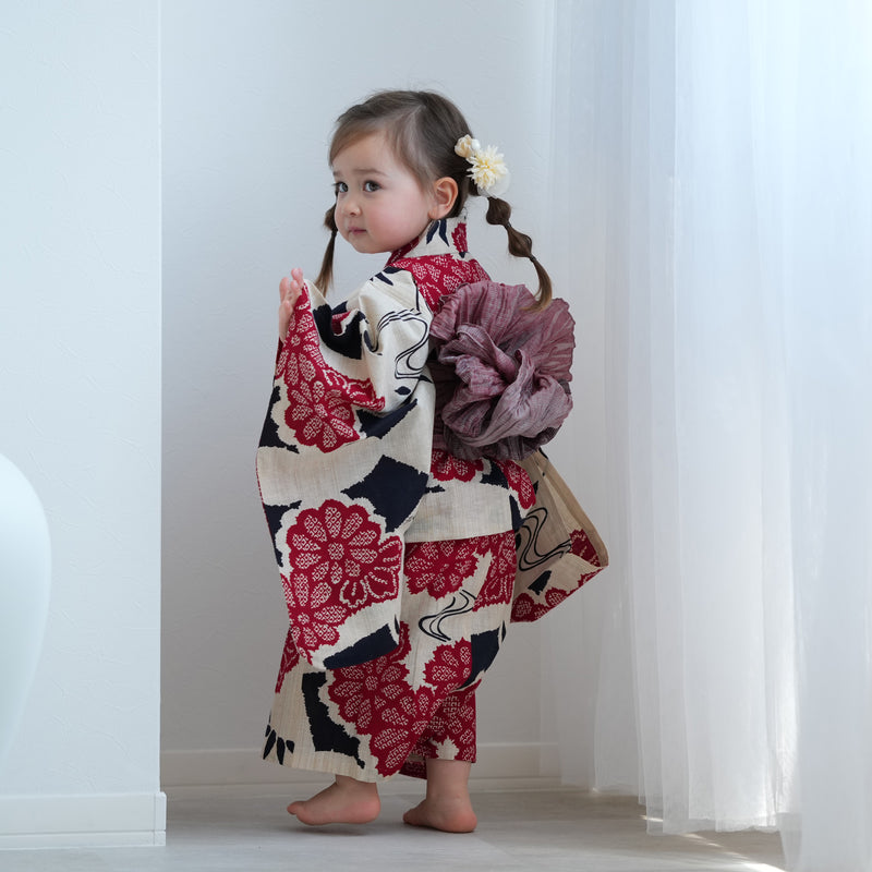 【utatane×注染工房 kids 日本製小幅生地使用 子供浴衣3点セット（ゆかた・帯・下駄） 女の子 】 国産 （6510263401）（03-14-07-）