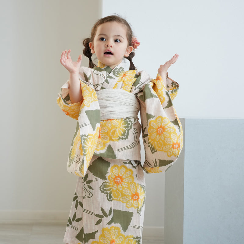 【utatane×注染工房 kids 日本製小幅生地使用 子供浴衣3点セット（ゆかた・帯・下駄） 女の子 】 国産 （6510263501）（03-14-07-）
