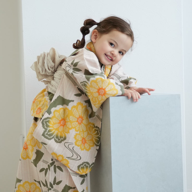 【utatane×注染工房 kids 日本製小幅生地使用 子供浴衣3点セット（ゆかた・帯・下駄） 女の子 】 国産 （6510263501）（03-14-07-）