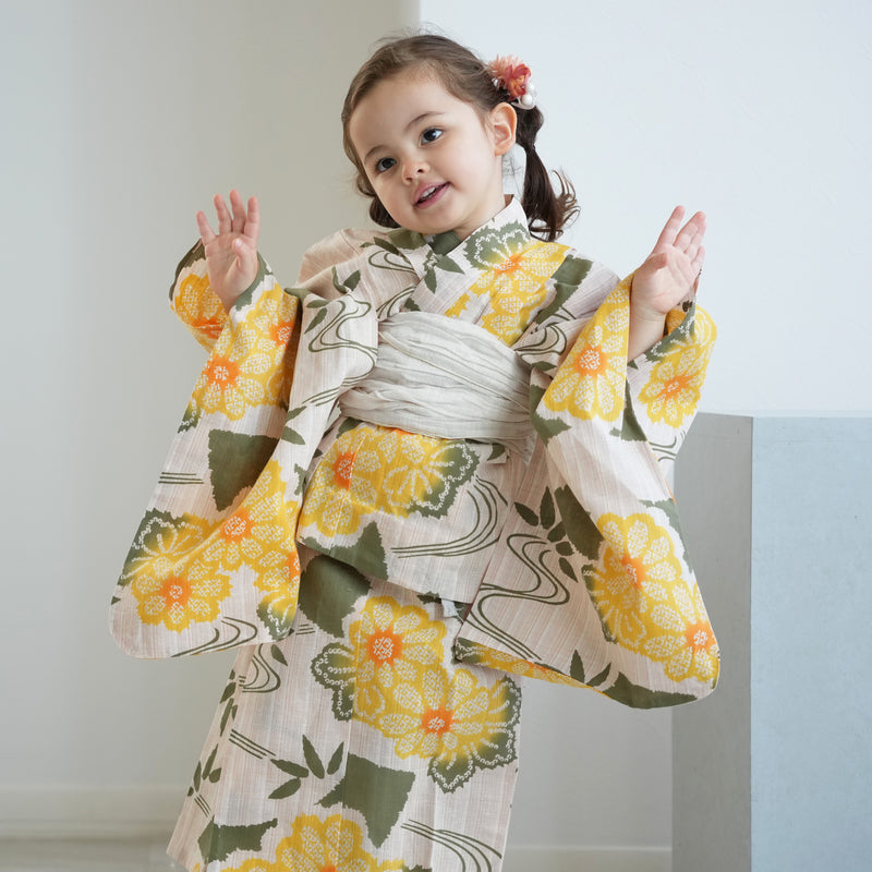 【utatane×注染工房 kids 日本製小幅生地使用 子供浴衣3点セット（ゆかた・帯・下駄） 女の子 】 国産 （6510263501）（03-14-07-）