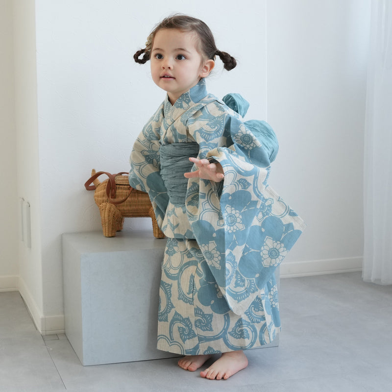 【utatane×注染工房 kids 日本製小幅生地使用 子供浴衣3点セット（ゆかた・帯・下駄） 女の子 】 国産 （6510263801）（7348601301）