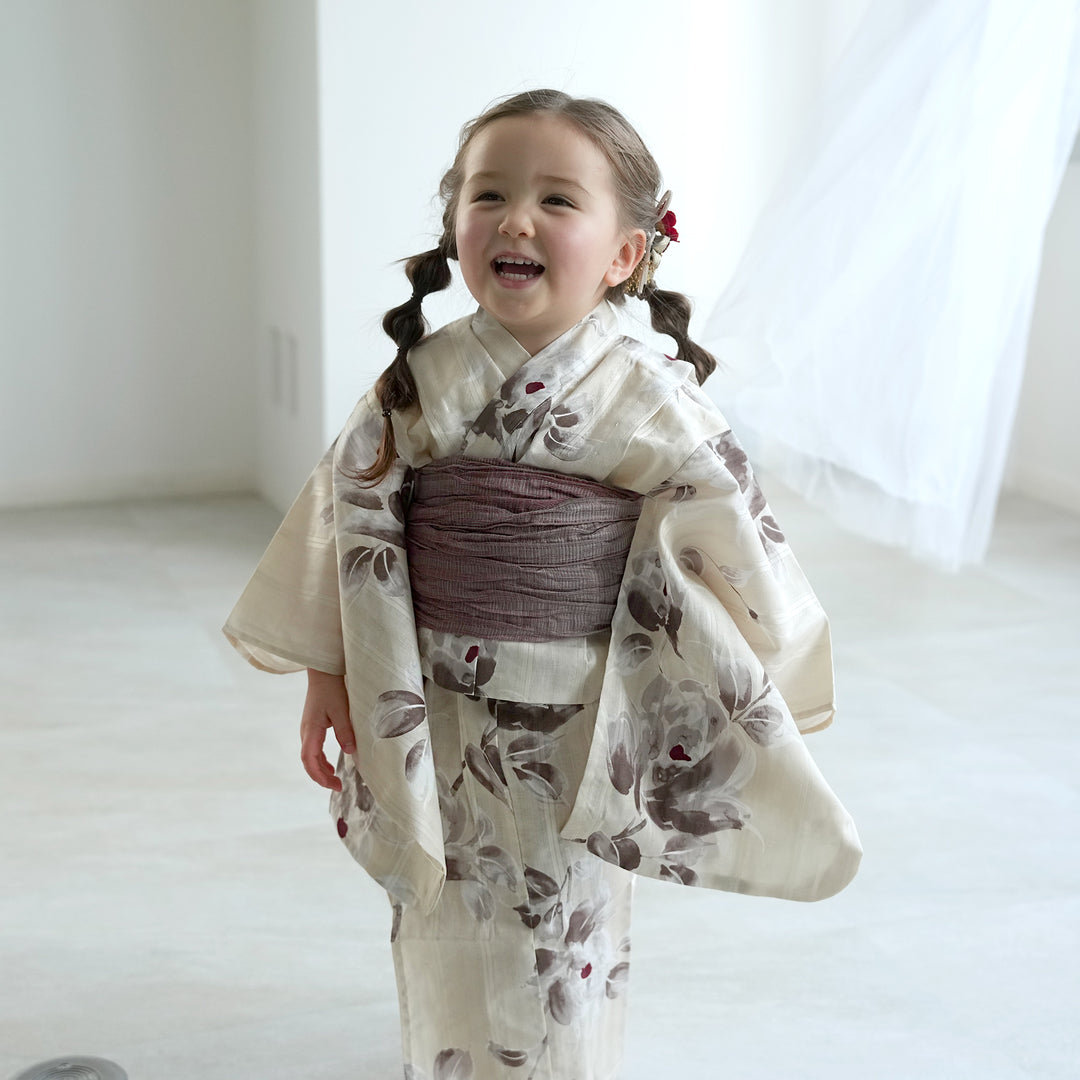 utatane×Acka. 子供浴衣3点セット (kidsゆかた・帯・下駄 ) 山茶花