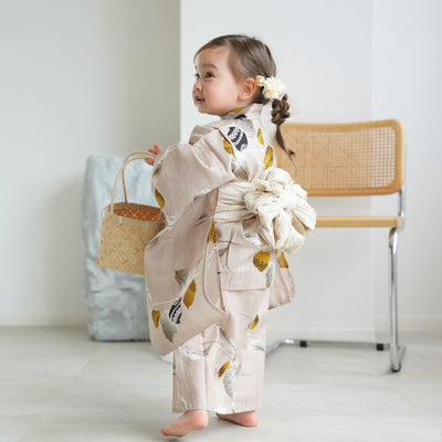 【ニコアンティーク kids 高級変わり織 子供浴衣3点セット（ゆかた・帯・下駄）女の子 縞々ベージュにからしのほおずき】 キッズ浴衣 国産生地 国内染色 （6510270501）