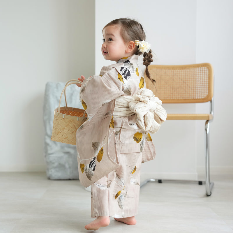 【ニコアンティーク kids 高級変わり織 子供浴衣3点セット（ゆかた・帯・下駄）女の子 縞々ベージュにからしのほおずき】 キッズ浴衣 国産生地 国内染色 （6510270501）