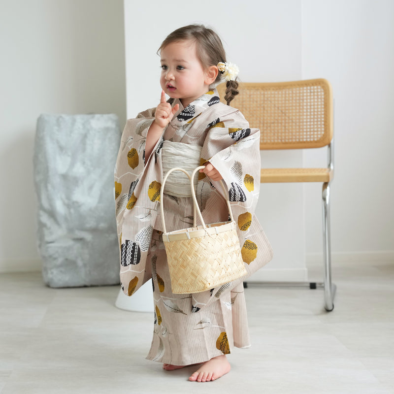 【ニコアンティーク kids 高級変わり織 子供浴衣3点セット（ゆかた・帯・下駄）女の子 縞々ベージュにからしのほおずき】 キッズ浴衣 国産生地 国内染色 （6510270501）