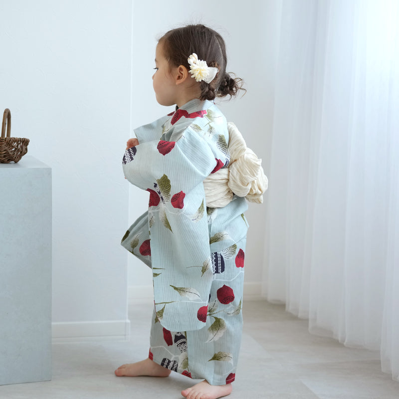 【ニコアンティーク kids 高級変わり織 子供浴衣3点セット（ゆかた・帯・下駄）女の子 縞々ブルーに赤のほおずき】 キッズ浴衣 国産生地 国内染色 （6510270901）
