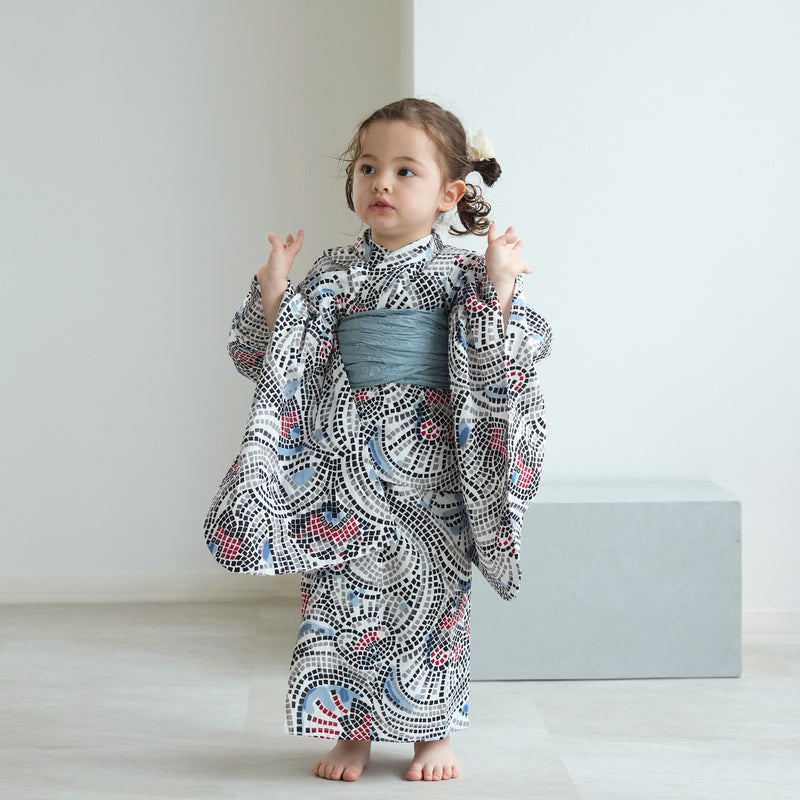 【ニコアンティーク kids 高級変わり織 子供浴衣3点セット（ゆかた・帯・下駄）女の子 チューリップモザイク ブルー】 キッズ浴衣 国産生地 国内染色 （6510280501）