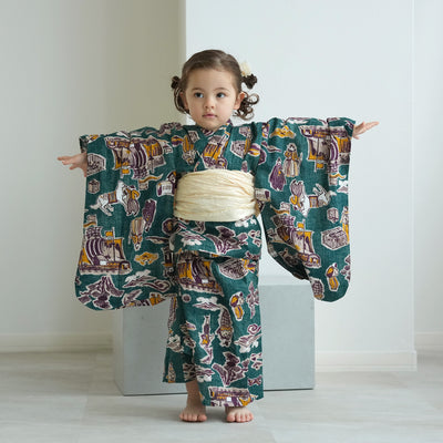 【ニコアンティーク kids 高級変わり織 子供浴衣3点セット（ゆかた・帯・下駄）女の子 南蛮渡来 ピーコック】 キッズ浴衣 国産生地 国内染色 （6510280601）