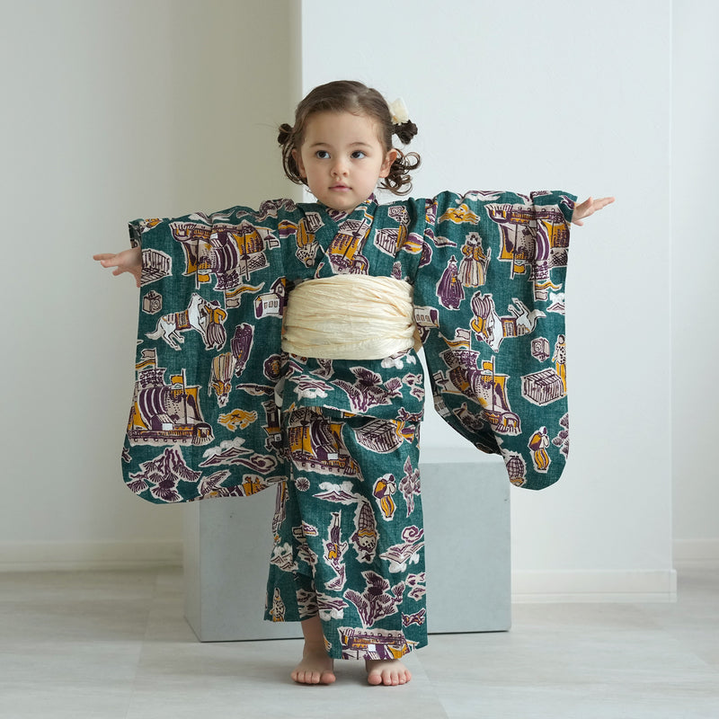 【ニコアンティーク kids 高級変わり織 子供浴衣3点セット（ゆかた・帯・下駄）女の子 南蛮渡来 ピーコック】 キッズ浴衣 国産生地 国内染色 （6510280601）