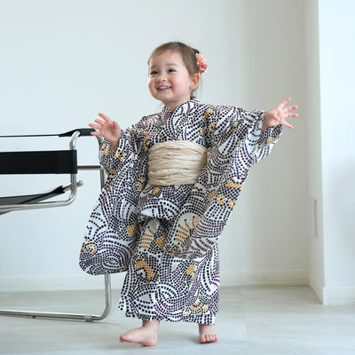 【ニコアンティーク kids 高級変わり織 子供浴衣3点セット（ゆかた・帯・下駄）女の子 チューリップモザイク マスタード】 キッズ浴衣 国産生地 国内染色 （6510280901）