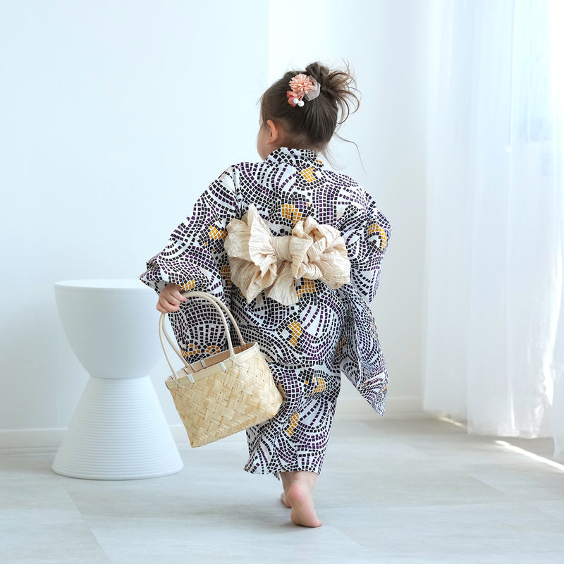【ニコアンティーク kids 高級変わり織 子供浴衣3点セット（ゆかた・帯・下駄）女の子 チューリップモザイク マスタード】 キッズ浴衣 国産生地 国内染色 （6510280901）