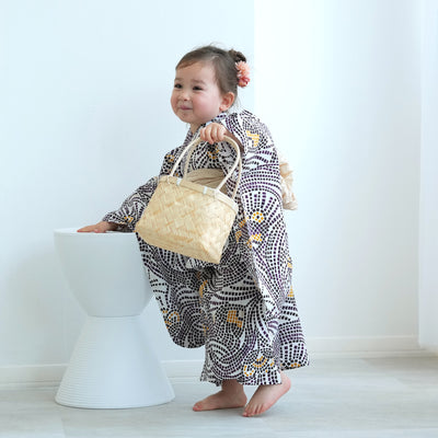 【ニコアンティーク kids 高級変わり織 子供浴衣3点セット（ゆかた・帯・下駄）女の子 チューリップモザイク マスタード】 キッズ浴衣 国産生地 国内染色 （6510280901）