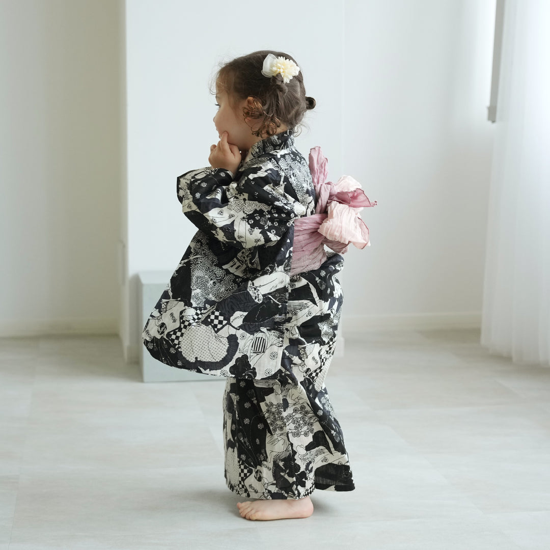 アンティーク　女の子　子供着物　補修痕あり ニコアンティーク kids 高級変わり織 子供浴衣3点セット（ゆかた