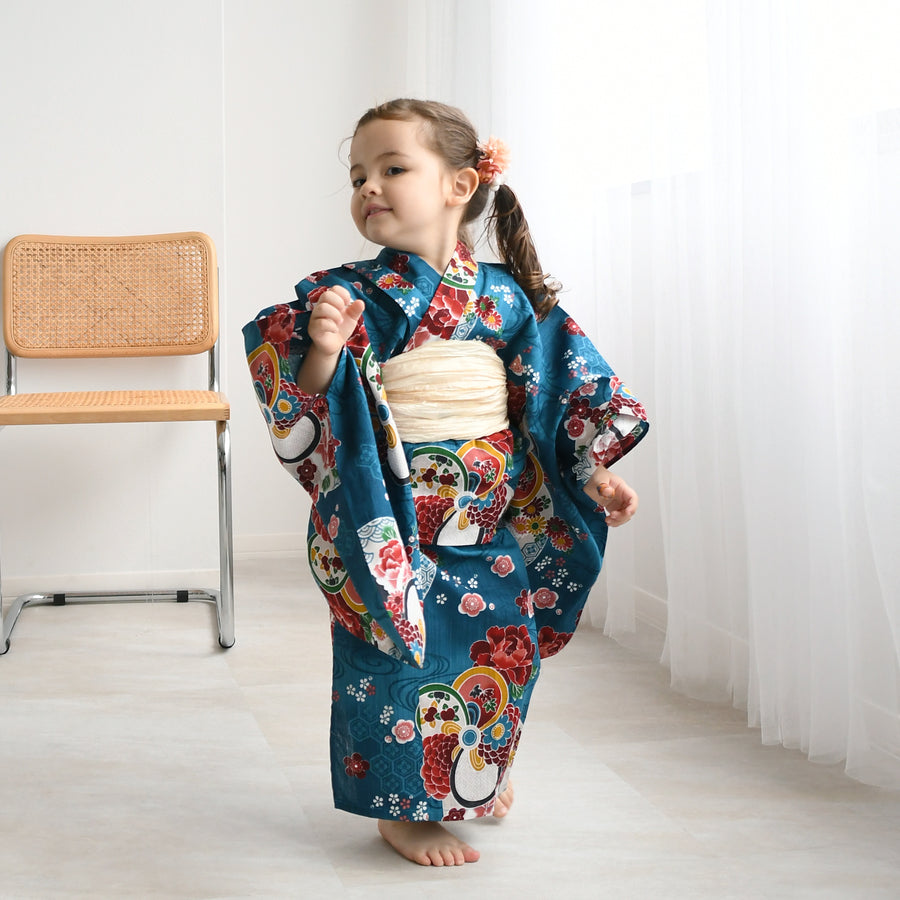 ニコアンティーク　utatane花柄浴衣　紺　二部式に加工済み　3L utatane｜ニコアンティーク 高級変わり織 浴衣3点セット 紺地に