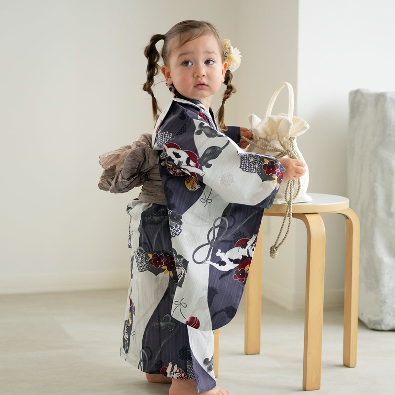 【ニコアンティーク kids 高級変わり織 子供浴衣3点セット（ゆかた・帯・下駄）女の子 染め分け灰紫に大正浪漫ねこ】 キッズ浴衣 国産生地 国内染色 （6510281401）
