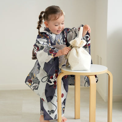 【ニコアンティーク kids 高級変わり織 子供浴衣3点セット（ゆかた・帯・下駄）女の子 染め分け灰紫に大正浪漫ねこ】 キッズ浴衣 国産生地 国内染色 （6510281401）