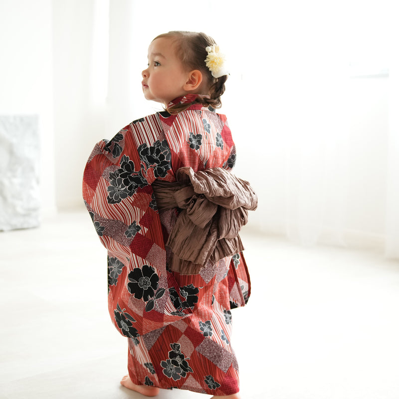 【ニコアンティーク kids 高級変わり織 子供浴衣3点セット（ゆかた・帯・下駄）女の子 芙蓉エフェクト レッド】 キッズ浴衣 国産生地 国内染色 （6510282101）
