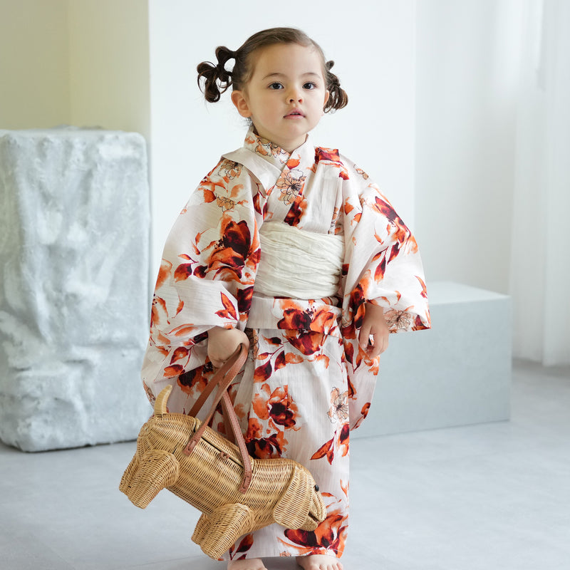 【ニコアンティーク kids 高級変わり織 子供浴衣3点セット（ゆかた・帯・下駄）女の子 マンダリンガーネットの花】 キッズ浴衣 国産生地 国内染色 （6510283101）