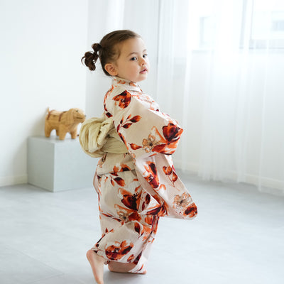 【ニコアンティーク kids 高級変わり織 子供浴衣3点セット（ゆかた・帯・下駄）女の子 マンダリンガーネットの花】 キッズ浴衣 国産生地 国内染色 （6510283101）