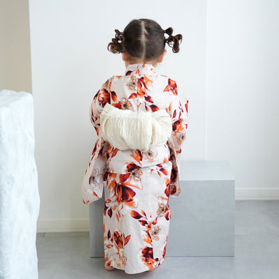 【ニコアンティーク kids 高級変わり織 子供浴衣3点セット（ゆかた・帯・下駄）女の子 マンダリンガーネットの花】 キッズ浴衣 国産生地 国内染色 （6510283101）