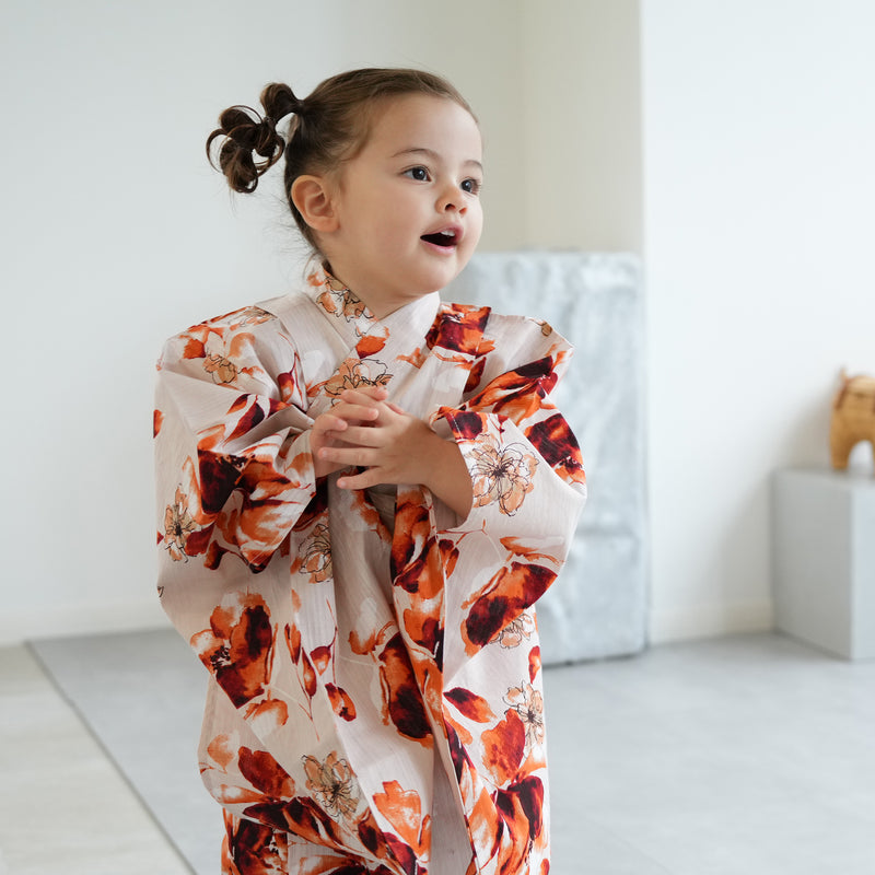 【ニコアンティーク kids 高級変わり織 子供浴衣3点セット（ゆかた・帯・下駄）女の子 マンダリンガーネットの花】 キッズ浴衣 国産生地 国内染色 （6510283101）