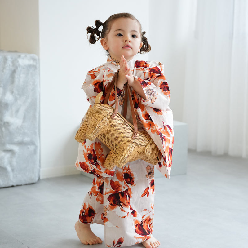 【ニコアンティーク kids 高級変わり織 子供浴衣3点セット（ゆかた・帯・下駄）女の子 マンダリンガーネットの花】 キッズ浴衣 国産生地 国内染色 （6510283101）