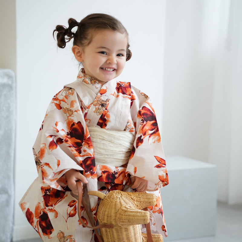 【ニコアンティーク kids 高級変わり織 子供浴衣3点セット（ゆかた・帯・下駄）女の子 マンダリンガーネットの花】 キッズ浴衣 国産生地 国内染色 （6510283101）