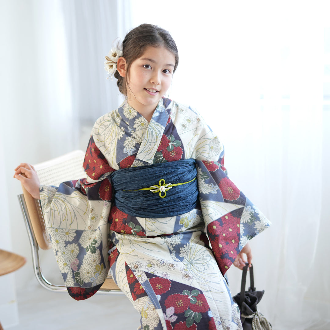 ダイエット中さまの専用になりました昔の子供の長襦袢　リメイク用 綿麻仕立て上がり浴衣＋しわ兵児帯 2点セット 芙蓉と芝草 白縹