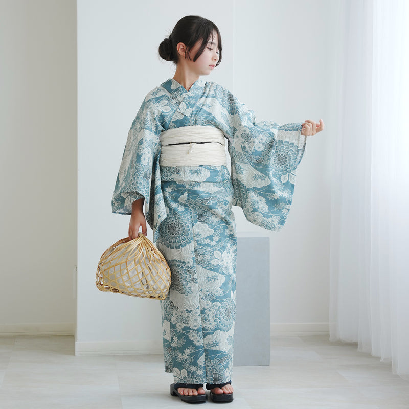 【ひよこ商店  高級変わり織 浴衣3点セット（ゆかた・帯・下駄） 青碧色に菊爛漫】ジュニア・低身長コーデ 女の子 140-150cm 国産生地 国内染色（6538265401）