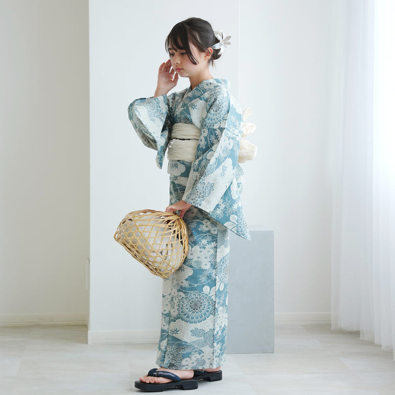 【ひよこ商店  高級変わり織 浴衣3点セット（ゆかた・帯・下駄） 青碧色に菊爛漫】ジュニア・低身長コーデ 女の子 140-150cm 国産生地 国内染色（6538265401）