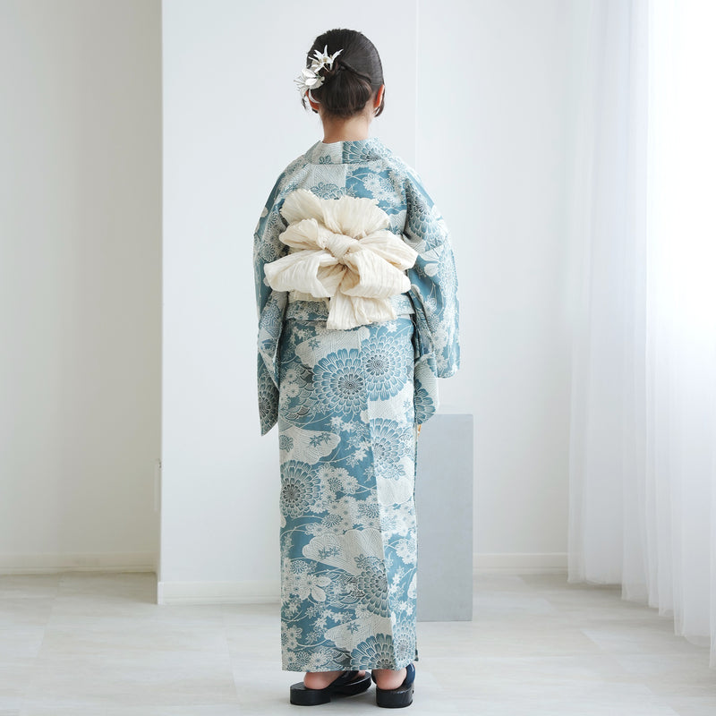 【ひよこ商店  高級変わり織 浴衣3点セット（ゆかた・帯・下駄） 青碧色に菊爛漫】ジュニア・低身長コーデ 女の子 140-150cm 国産生地 国内染色（6538265401）