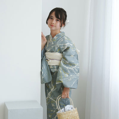 【ひよこ商店  高級変わり織 浴衣3点セット（ゆかた・帯・下駄） 浅葱鼠に飛び回る雀】ジュニア・低身長コーデ 女の子 140-150cm 国産生地 国内染色（6538265501）