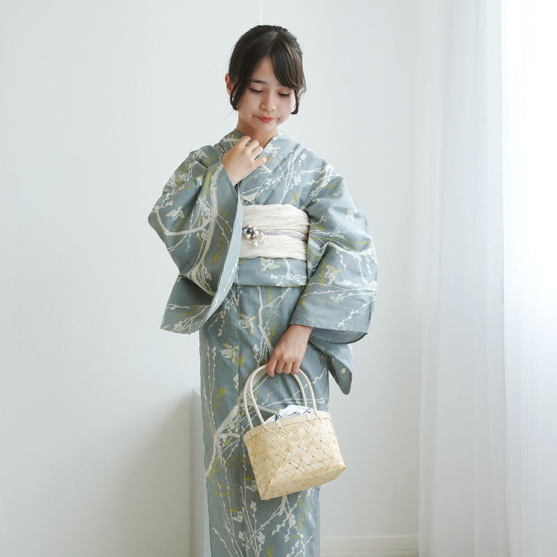 【ひよこ商店  高級変わり織 浴衣3点セット（ゆかた・帯・下駄） 浅葱鼠に飛び回る雀】ジュニア・低身長コーデ 女の子 140-150cm 国産生地 国内染色（6538265501）