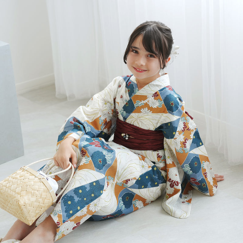 【ひよこ商店  高級変わり織 浴衣3点セット（ゆかた・帯・下駄） マーガレットアプリコット裂取文】ジュニア・低身長コーデ 女の子 140-150cm 国産生地 国内染色（6538266001）
