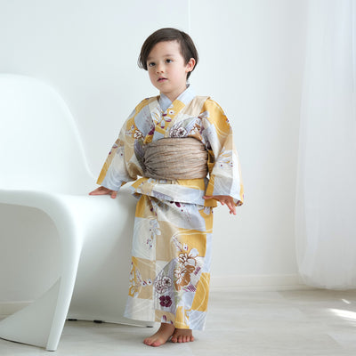 【アウトレット品 kids 高級変わり織 子供浴衣2点セット（ゆかた・帯）男の子 からしの市松と菖蒲】 気になる人は気になる？少々難あり※返品交換不可 （6561278501）